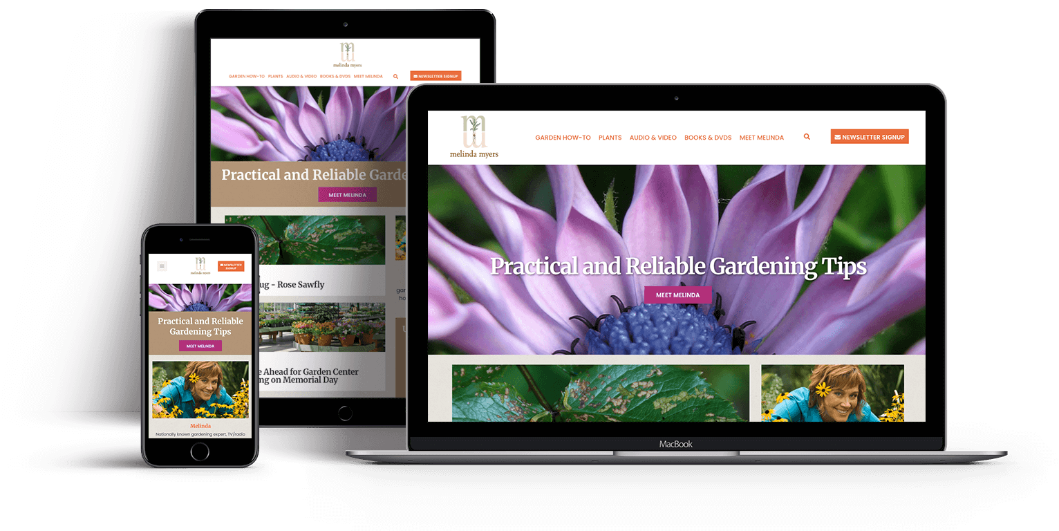 Melinda Myers website on mobile, ipad and laptop Melinda Myers website on mobile, ipad and laptop