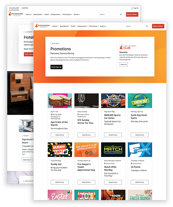 Potawatomi Casino | Hotel website promotions and hotels interior pages