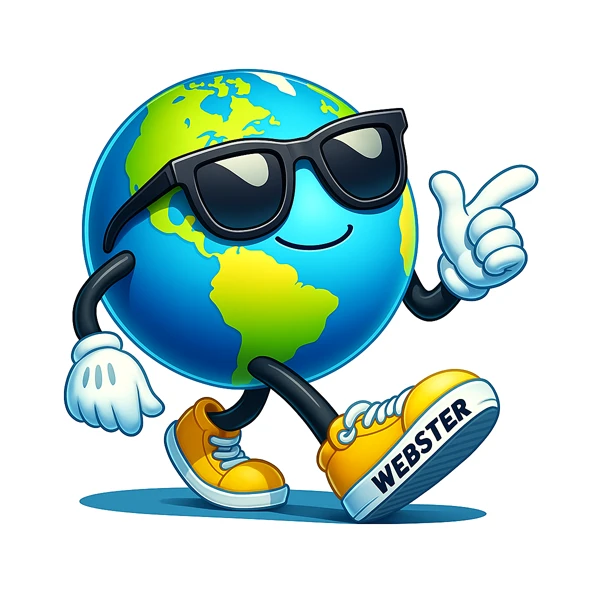 Cartoon globe with sunglasses and sneakers representing Webster, Trivera’s AI Assistant.