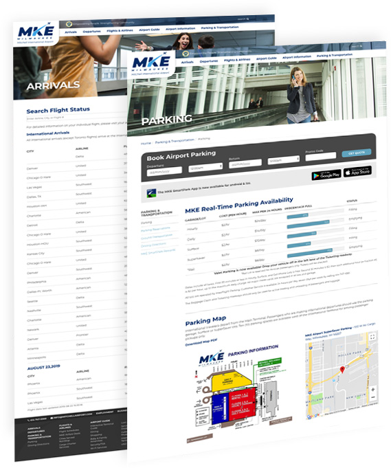 Website screen shots Website for international airport arrivals, departures and parking