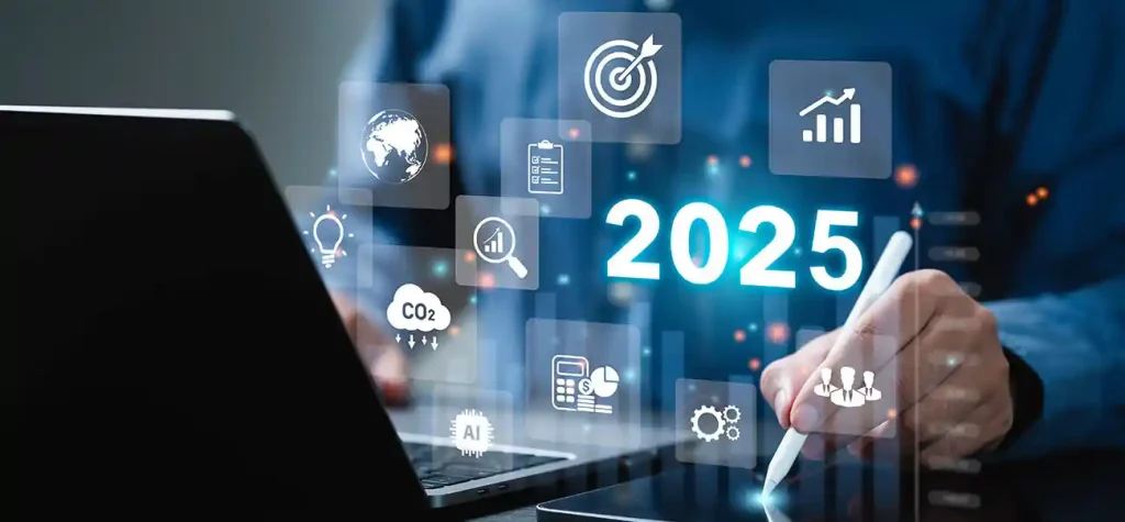 person writing on tablet with icons and year 2025