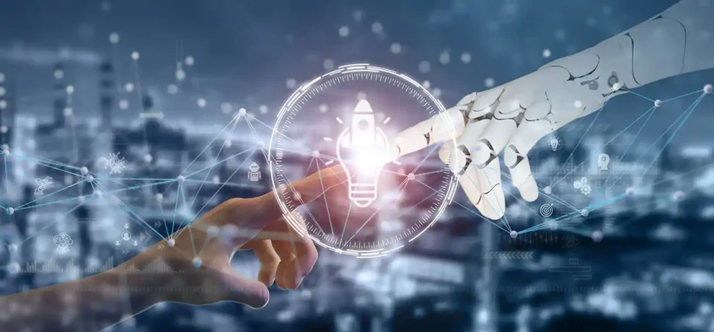 robot and human fingers touching on lightbulb
