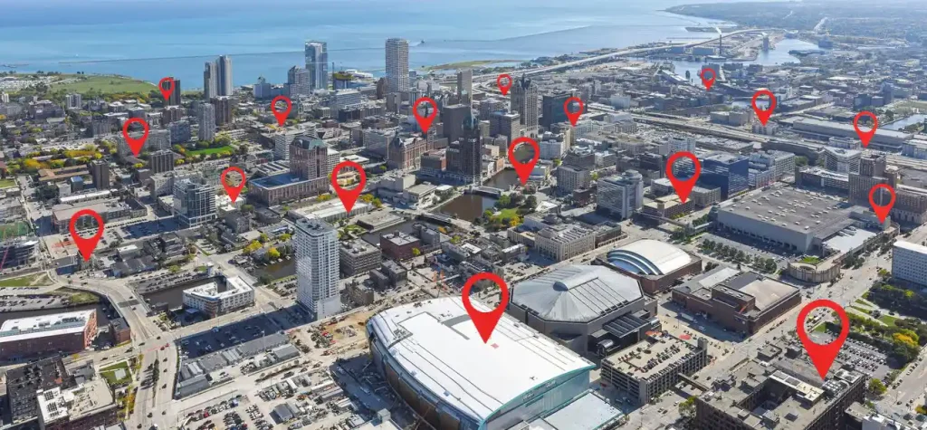 milwaukee with markers on buildings