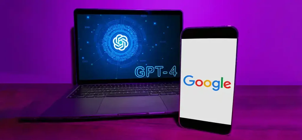 laptop with GPT-4 and google logo
