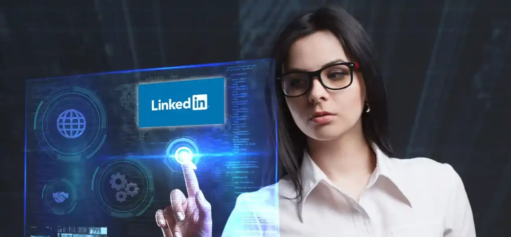 woman touching screen with LinkedIn on it