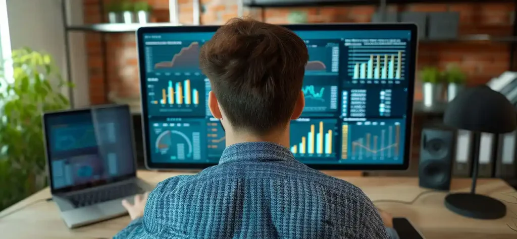 man looking at graphs on computer