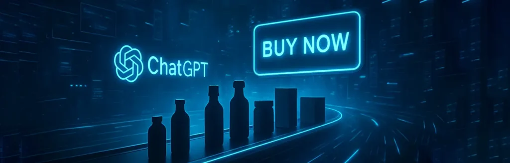 Futuristic AI-powered checkout lane with glowing "Buy Now" button and digital products, representing ChatGPT’s Instant Checkout feature.