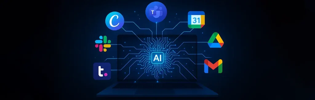 Laptop with AI chip connecting to Gmail, Google Drive, Calendar, Slack, Teams, Canva, and Teamwork icons representing GPT connectors linking business tools.