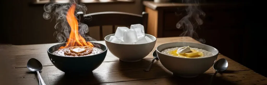 Three bowls of porridge on a rustic wooden table in a cozy cottage, symbolizing balance and finding the “just right” approach to marketing.