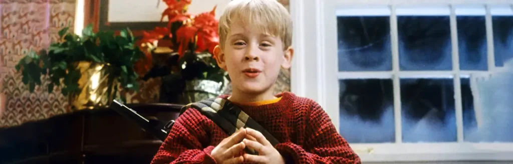 Kevin McCallister from Home Alone standing confidently in a decorated holiday living room, symbolizing smart and resourceful marketing.