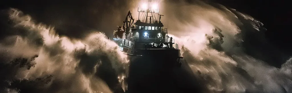 The Edmund Fitzgerald on stormy Lake Superior waters, symbolizing resilience and leadership in marketing.