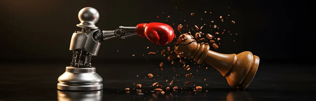 Robot arm wearing a red boxing glove smashing a wooden chess king into pieces, symbolizing AI disrupting old strategies.