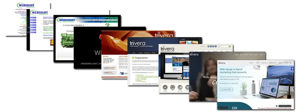Website design evolution from 1996 to 2026 showing progression from early static layouts to modern AI-ready websites
