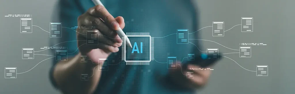 Marketing professional interacting with an AI processor interface connected to digital data streams and content nodes