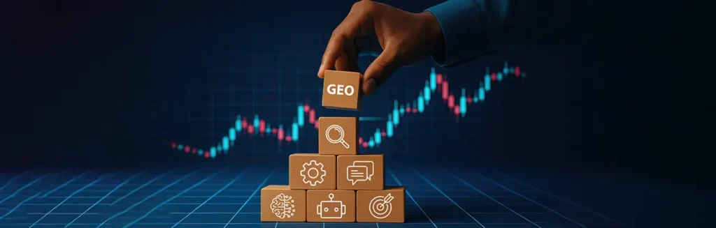 Hand stacking blocks labeled GEO and AI concepts to represent building sustainable generative search optimization strategies