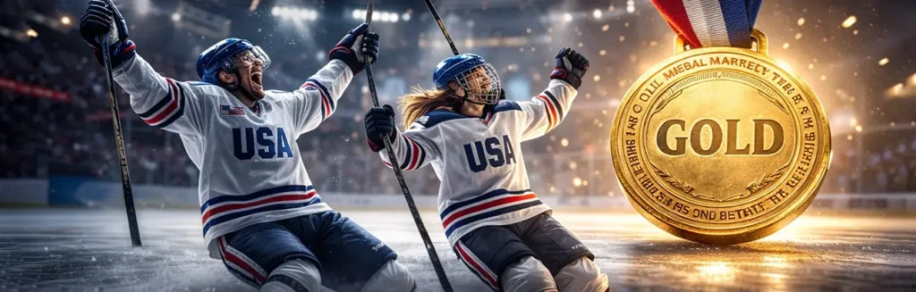 Gold medal on ice rink beside hockey puck symbolizing championship-level digital marketing strategy