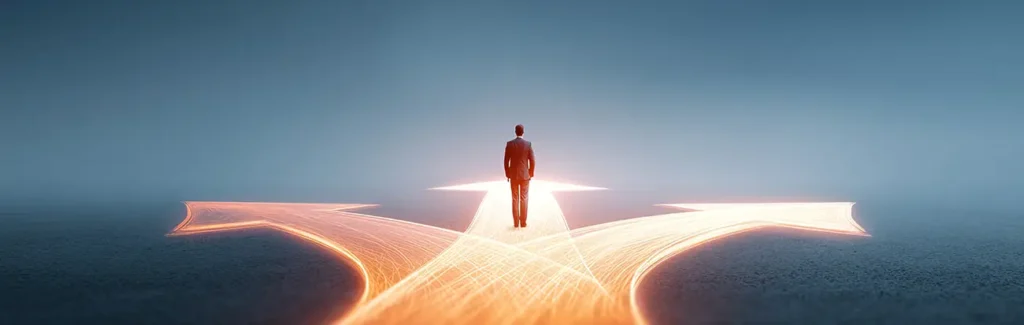 Business leader standing at a glowing fork in the road representing the strategic choice between SEO and AI search.
