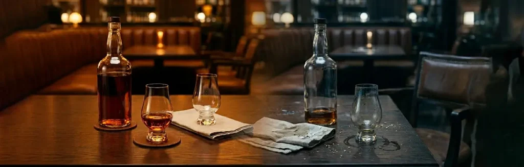 Two bourbon table scenes showing a full glass and bottle versus an empty one, representing the difference between strong and weak customer relationships