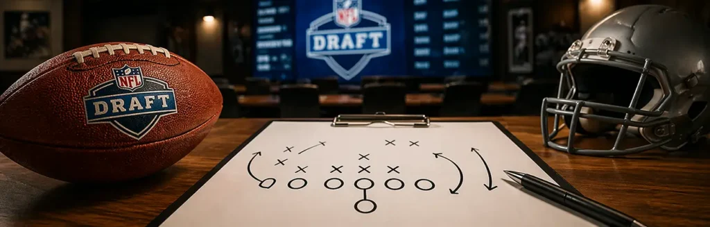 NFL Draft strategy meeting with football and playbook representing marketing team building strategy