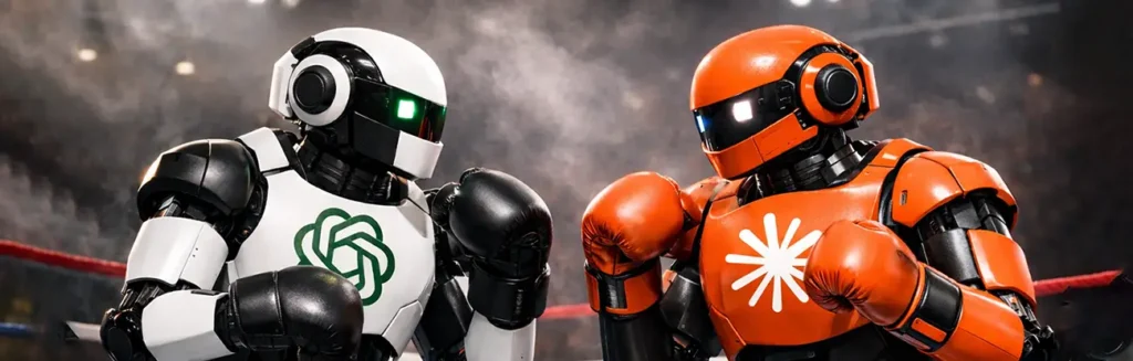 Two AI-themed robots in a boxing ring representing ChatGPT and Claude facing off in a competitive comparison.