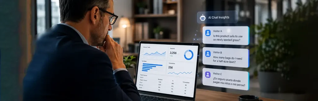Marketing leader reviewing analytics dashboard with AI chat insights showing buyer intent data