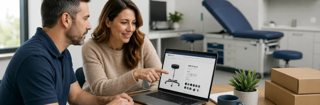 Two people reviewing a Brewer ecommerce product page on a laptop in a clinical office setting.