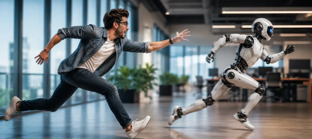 Millennial marketing specialist chasing a robot through a modern office