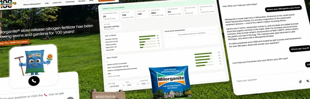 Milo AI agent dashboard and chat interface for Milorganite customer support