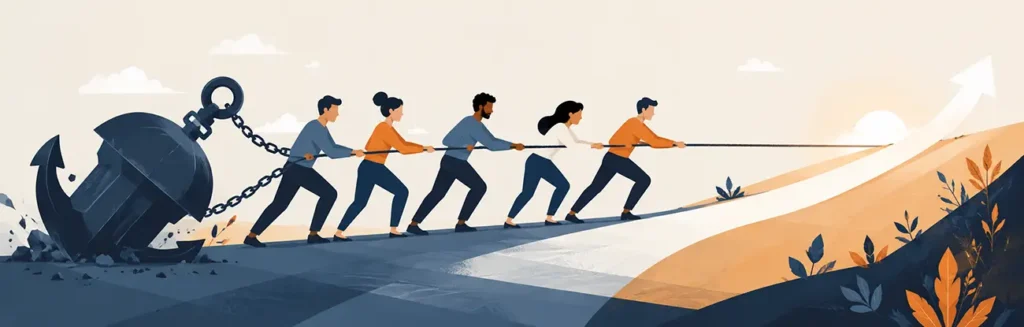 A team pulls a heavy anchor uphill, symbolizing operational friction slowing business and marketing progress