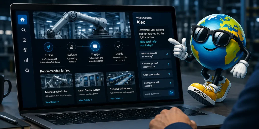 AI-powered B2B website recognizing a returning visitor and recommending relevant industrial automation solutions