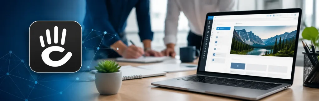 Concrete CMS logo beside a marketing team working with a website content management system.
