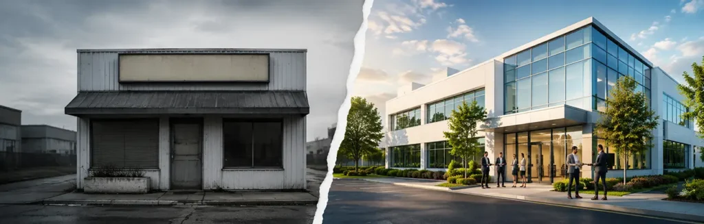 Outdated small business storefront contrasted with modern corporate building to show how a website can make a strong company look smaller online.