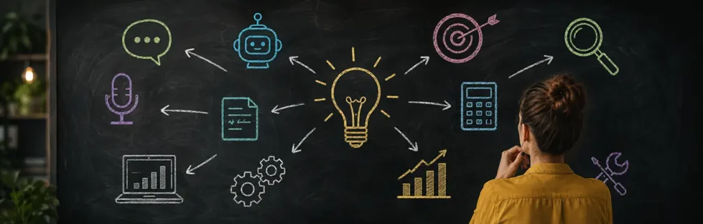 Marketing strategist reviewing interconnected AI, podcast, analytics, search, and custom tool opportunities on a blackboard