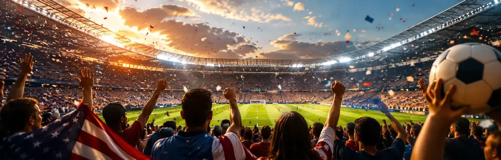 Soccer fans cheering inside a packed stadium during a World Cup match.