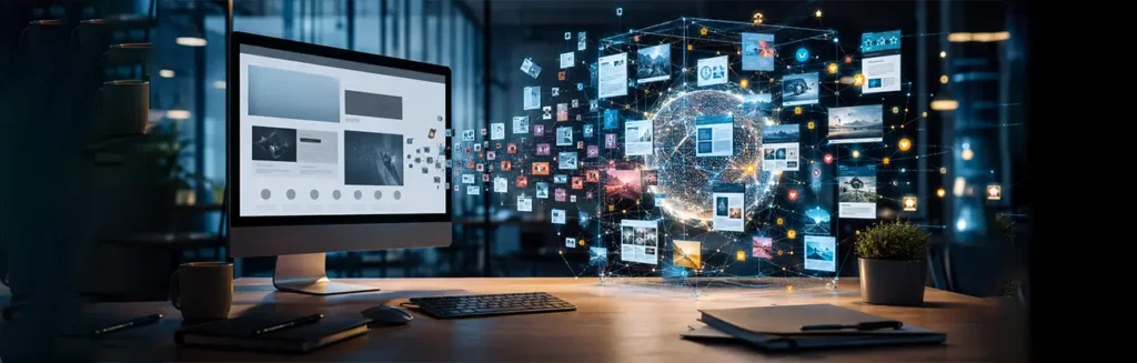 Computer screen showing an incomplete website beside an AI network assembling brand information from digital sources
