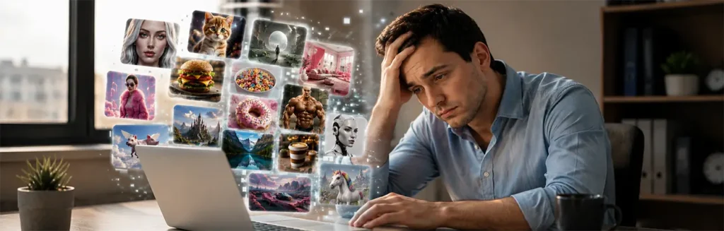 Frustrated man overwhelmed by a flood of AI-generated images on his laptop.