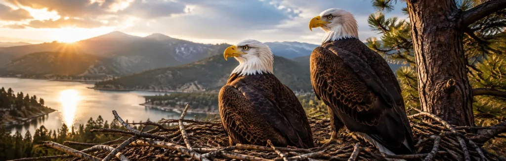 Jackie and Shadow, the Big Bear bald eagles, perched together in their nest overlooking Big Bear Lake.