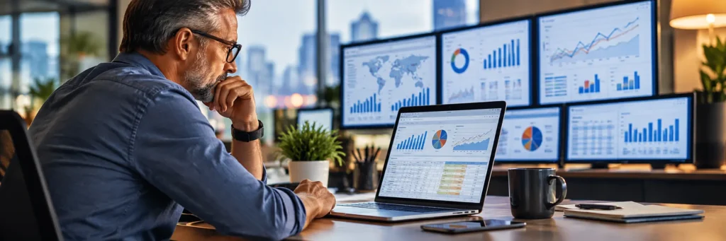 Marketing executive reviewing budget and analytics dashboards on multiple screens