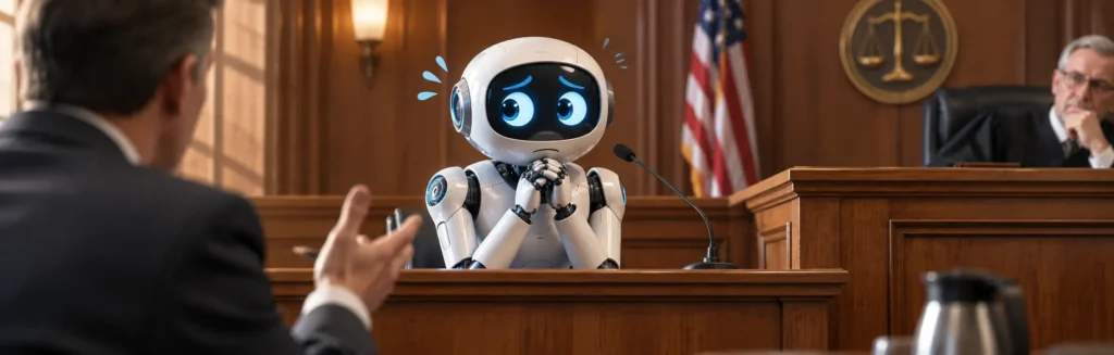 A nervous AI robot sits on the witness stand in a courtroom while being questioned by an attorney.