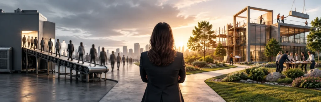 Business leader facing two marketing paths: one built around purchased leads and another focused on building a lasting brand and digital ecosystem.