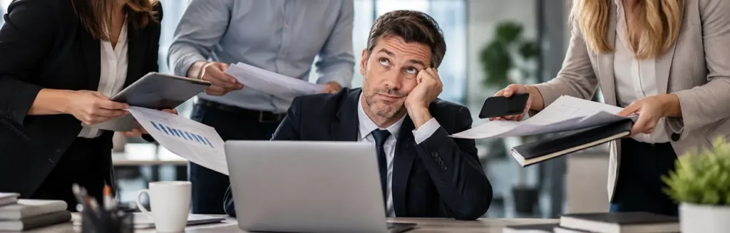 Overwhelmed business executive surrounded by coworkers presenting competing information and requests.