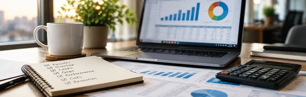 Marketing budget analysis workspace with a laptop, calculator, financial reports and a seven-point checklist.