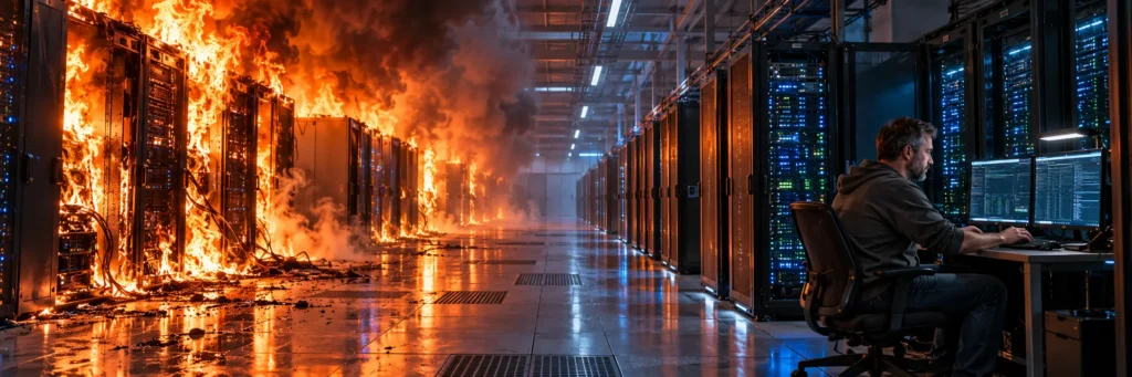 Rows of server racks engulfed in flames while a systems administrator calmly monitors computers in a data center.