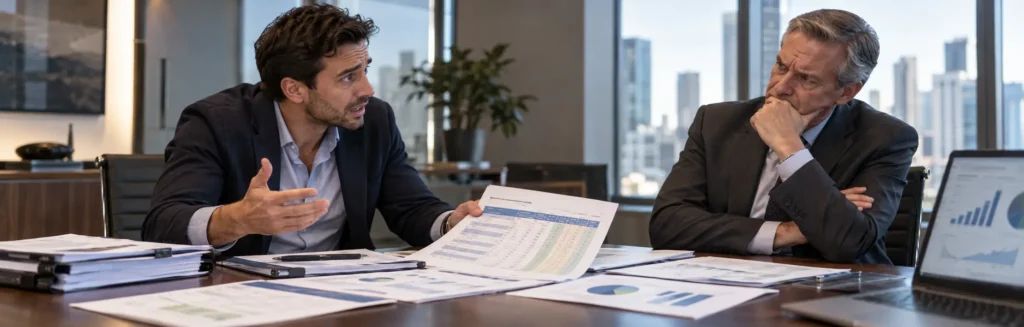 An anxious marketing manager presents an agency RFP scorecard to a skeptical boss across a table covered in reports.